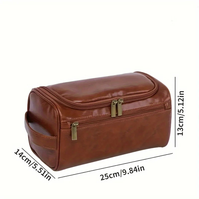 Vintage Brown synthetic Leather Toiletry Bag for Men & Women – Travel Dopp Kit Organizer with Double Zipper & Side Handle