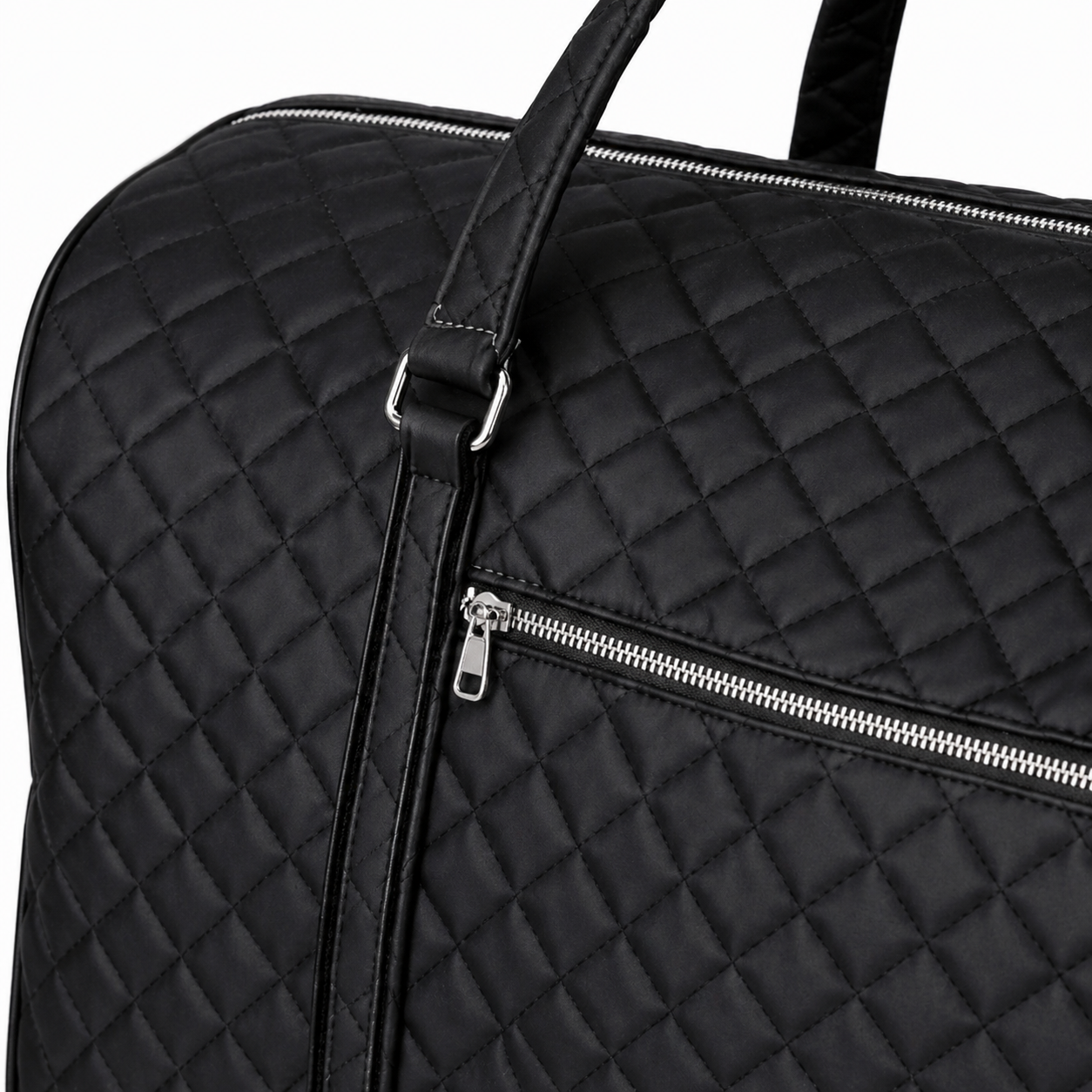 Black Quilted Duffel Bag for Women – Travel Weekender Bag with Top Handles, Zipper Pockets & Silver Hardware