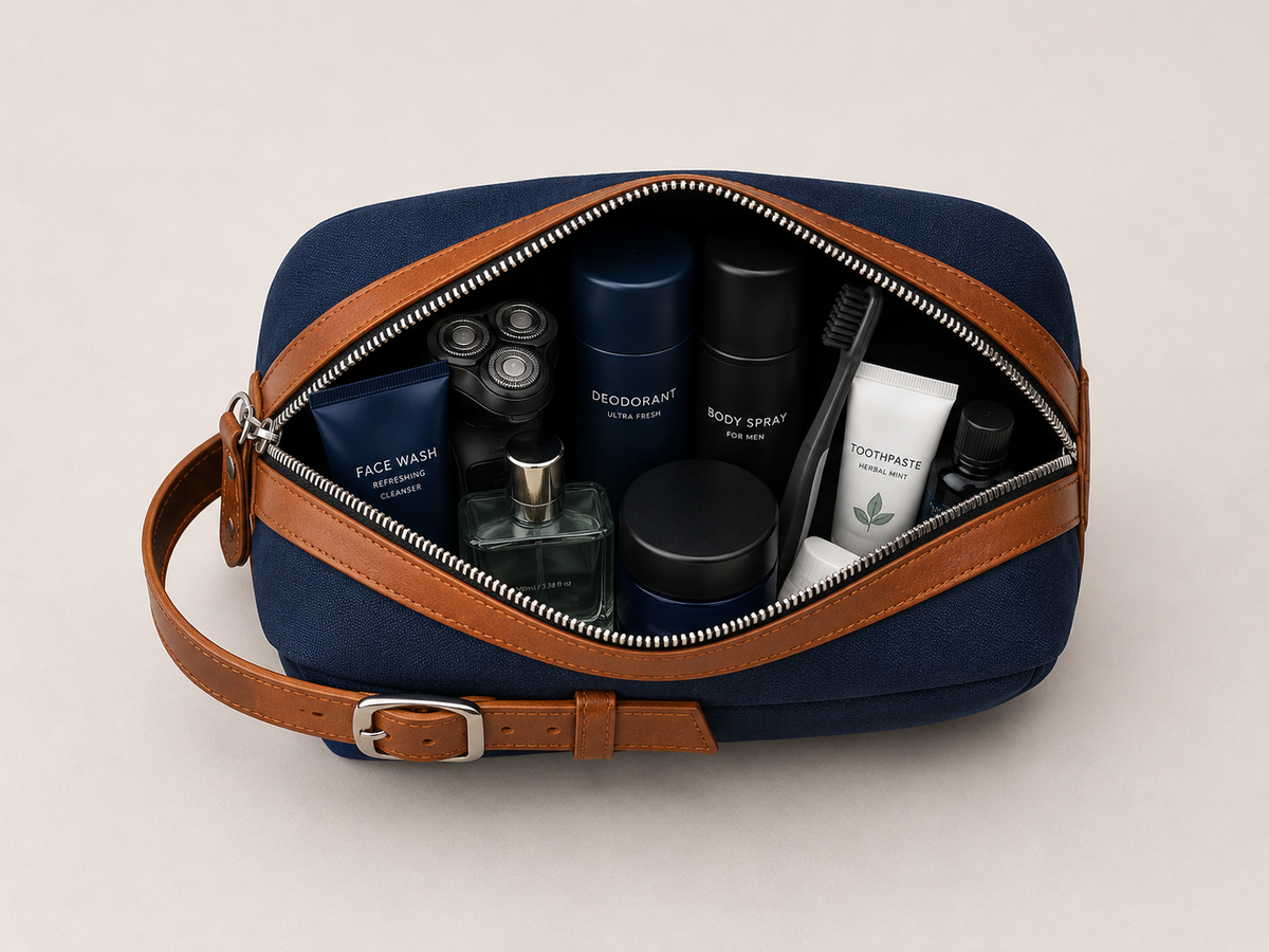 Travel toiletry bag – canvas & synthetic leather dopp kit close-up detail