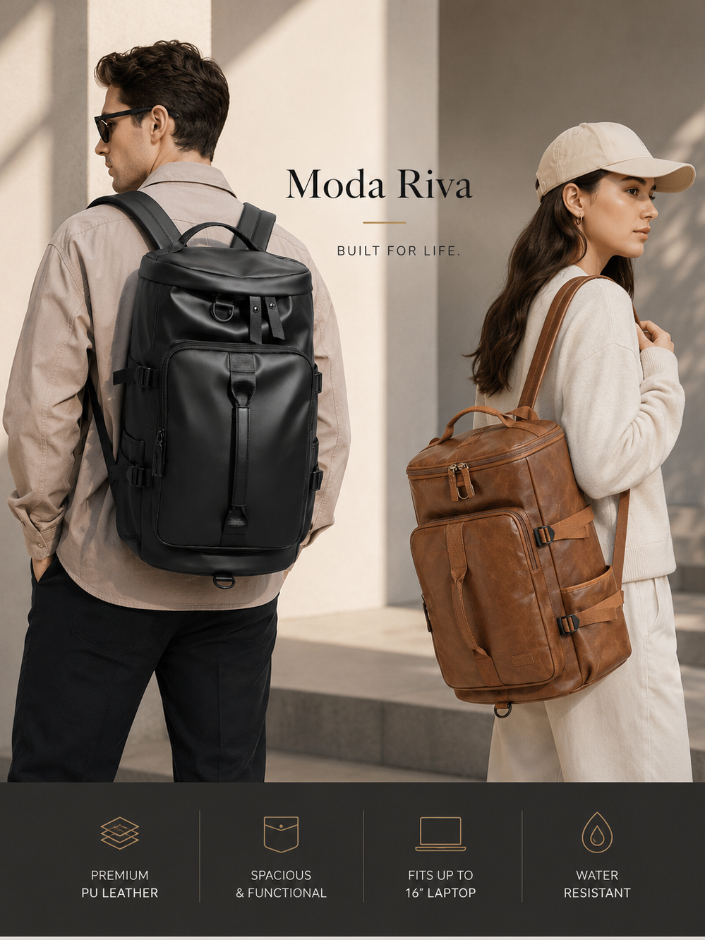 3-in-1 duffel backpack in brown synthetic leather – side studio view
