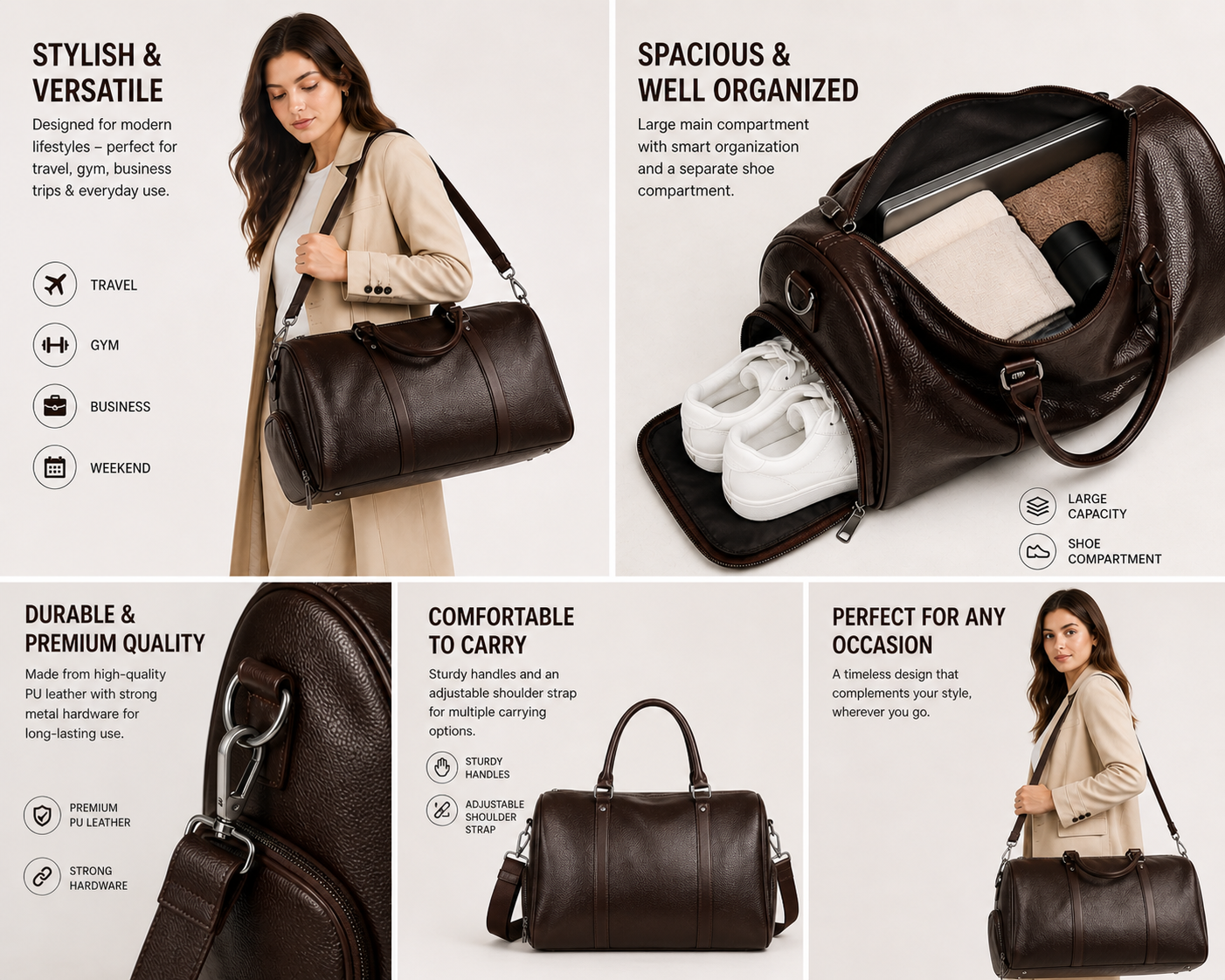 Premium synthetic Leather Duffel Bag – Travel & Weekender Carry (Shoe Compartment)