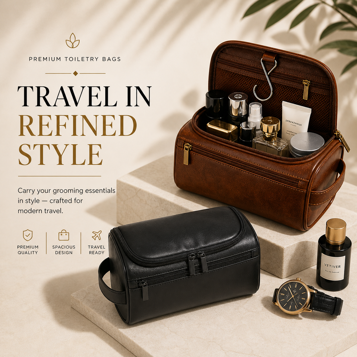 Vintage Brown synthetic Leather Toiletry Bag for Men & Women – Travel Dopp Kit Organizer with Double Zipper & Side Handle