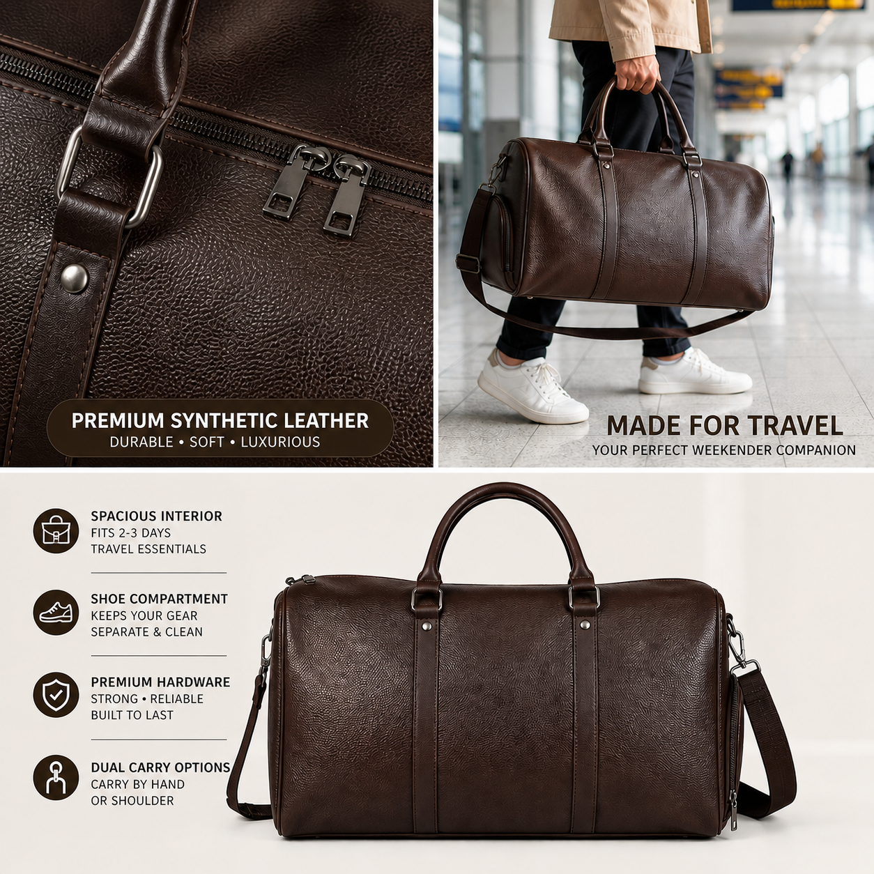Premium synthetic Leather Duffel Bag – Travel & Weekender Carry (Shoe Compartment)