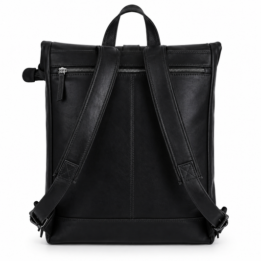 Glossy Black synthetic Leather Backpack for Men & Women – Stylish Roll-Top Laptop Travel Bag