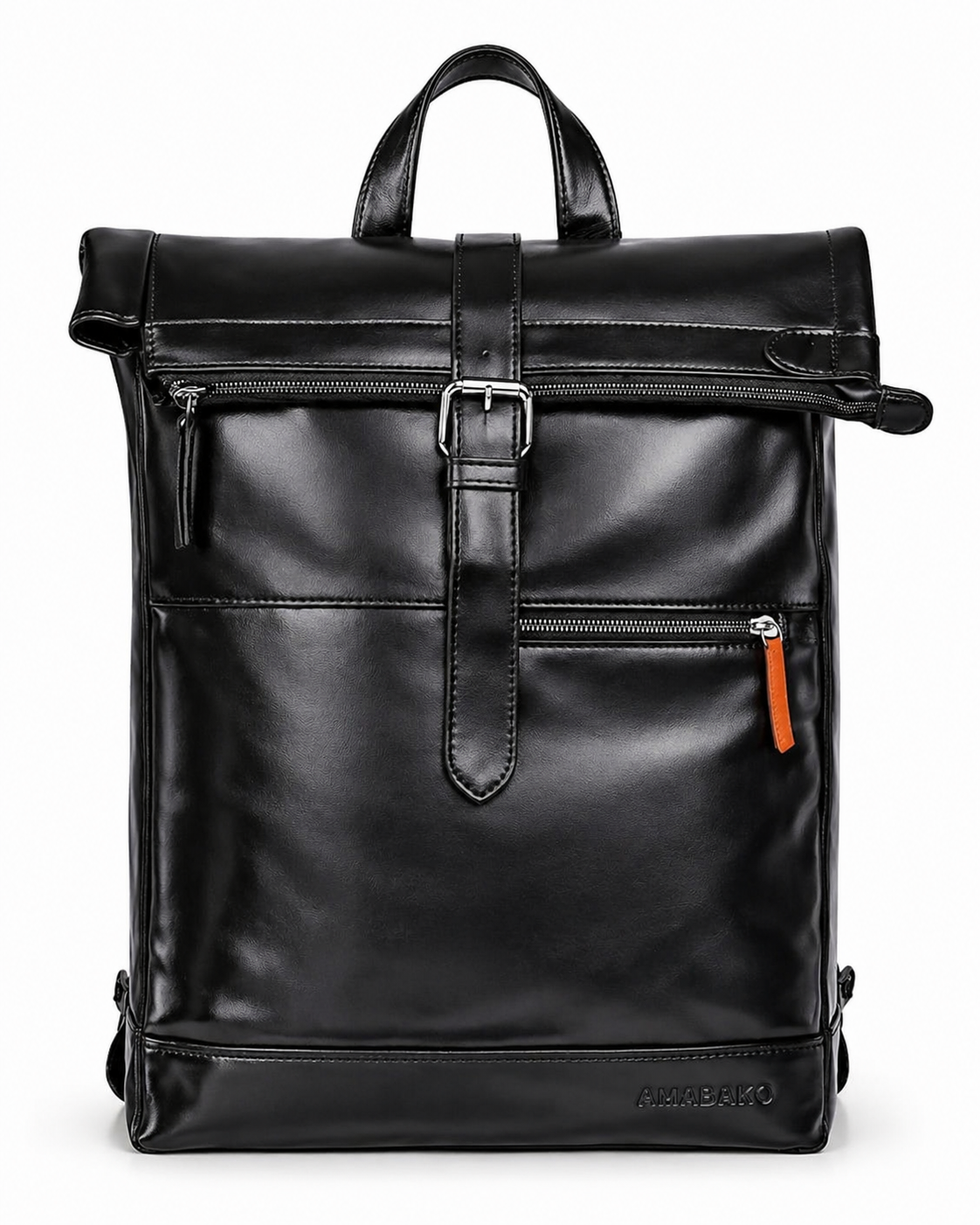 Glossy Black synthetic Leather Backpack for Men & Women – Stylish Roll-Top Laptop Travel Bag