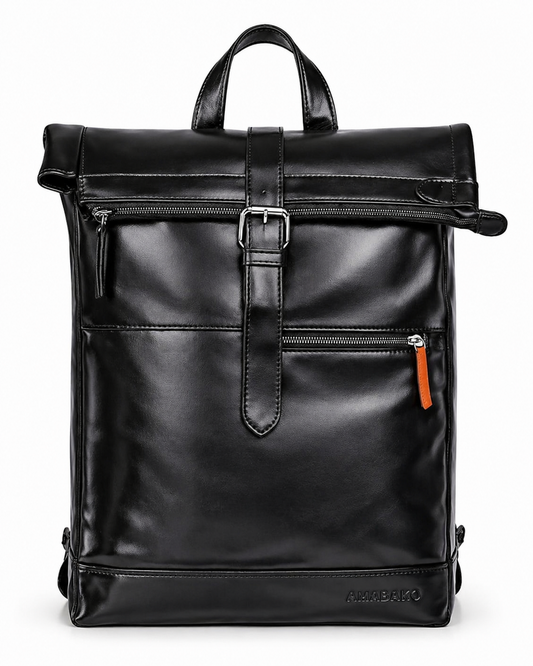 Glossy Black synthetic Leather Backpack for Men & Women – Stylish Roll-Top Laptop Travel Bag
