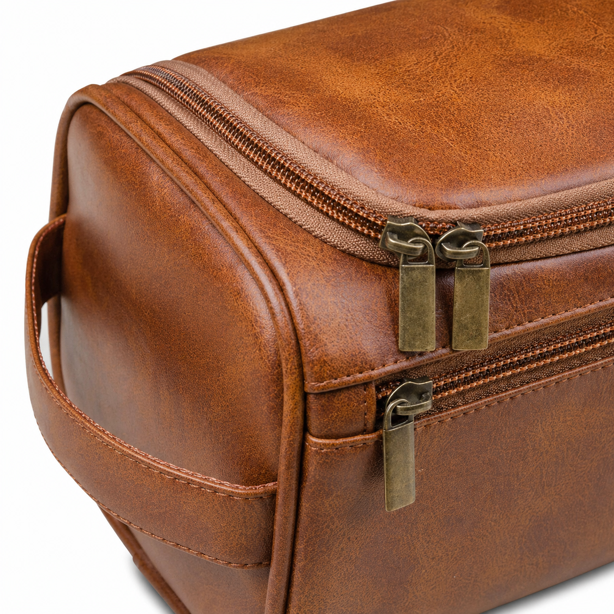 Vintage Brown synthetic Leather Toiletry Bag for Men & Women – Travel Dopp Kit Organizer with Double Zipper & Side Handle