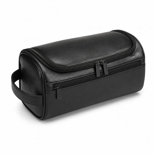 Premium Black synthetic Leather Toiletry Bag for Men & Women – Travel Dopp Kit Organizer with Double Zipper & Side Handle