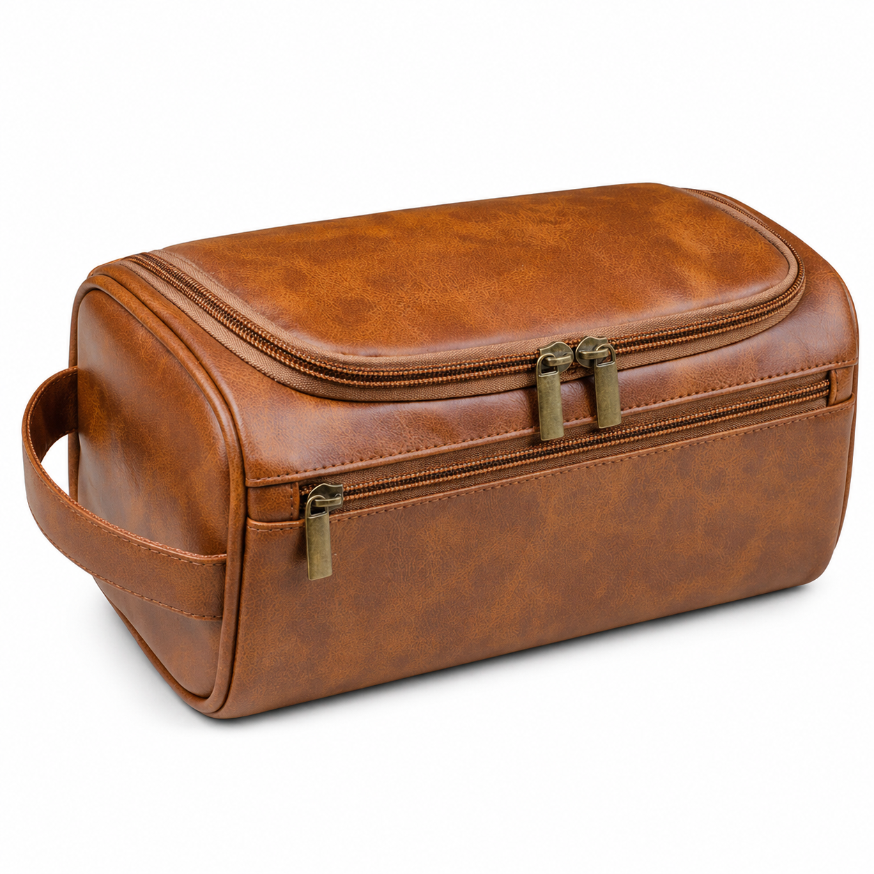 Vintage Brown synthetic Leather Toiletry Bag for Men & Women – Travel Dopp Kit Organizer with Double Zipper & Side Handle