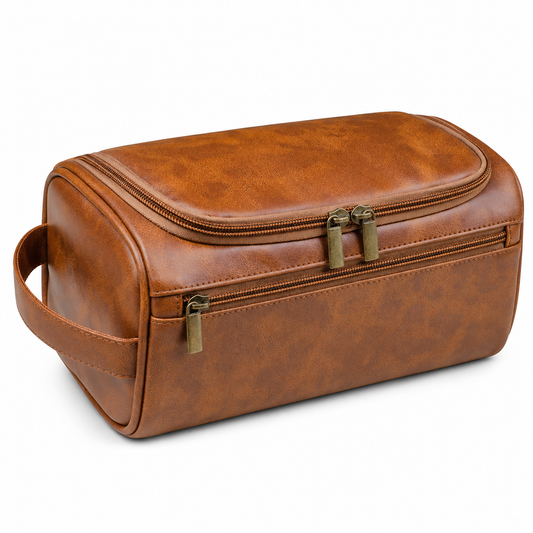 Vintage Brown synthetic Leather Toiletry Bag for Men & Women – Travel Dopp Kit Organizer with Double Zipper & Side Handle