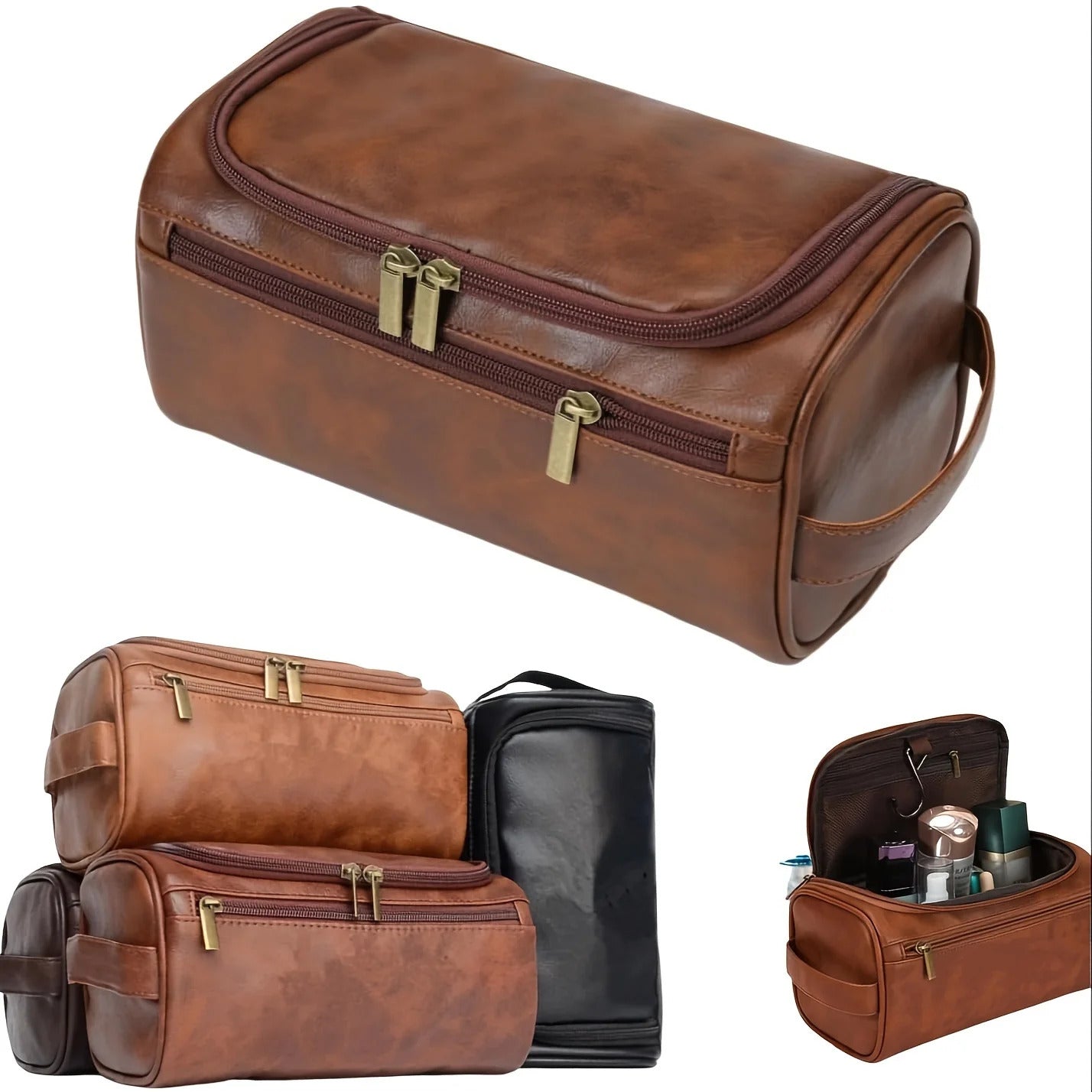 Vintage Brown synthetic Leather Toiletry Bag for Men & Women – Travel Dopp Kit Organizer with Double Zipper & Side Handle