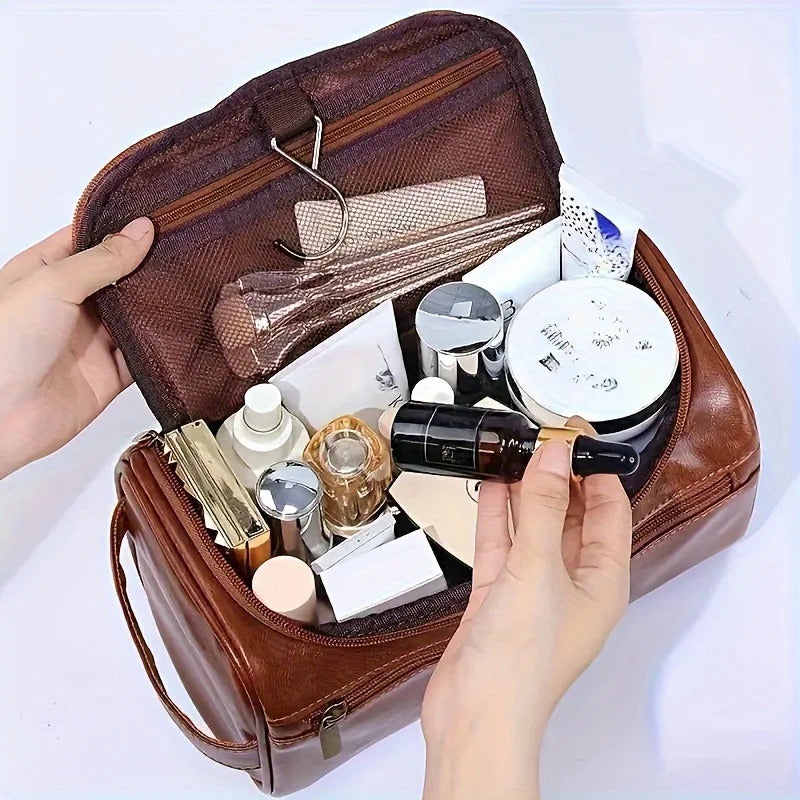 Vintage Brown synthetic Leather Toiletry Bag for Men & Women – Travel Dopp Kit Organizer with Double Zipper & Side Handle