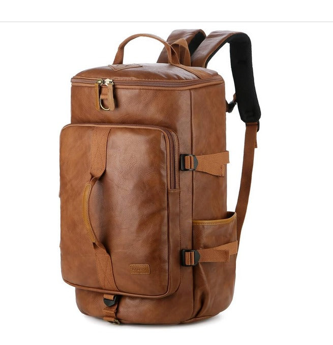 3-in-1 duffel backpack in black synthetic leather – collage showing it carried as a shoulder bag, backpack, and packed with laptop and daily essentials