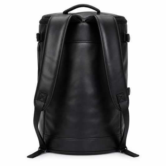 Black synthetic Leather Travel Backpack | Stylish Cylinder Duffel Bag for Men & Women