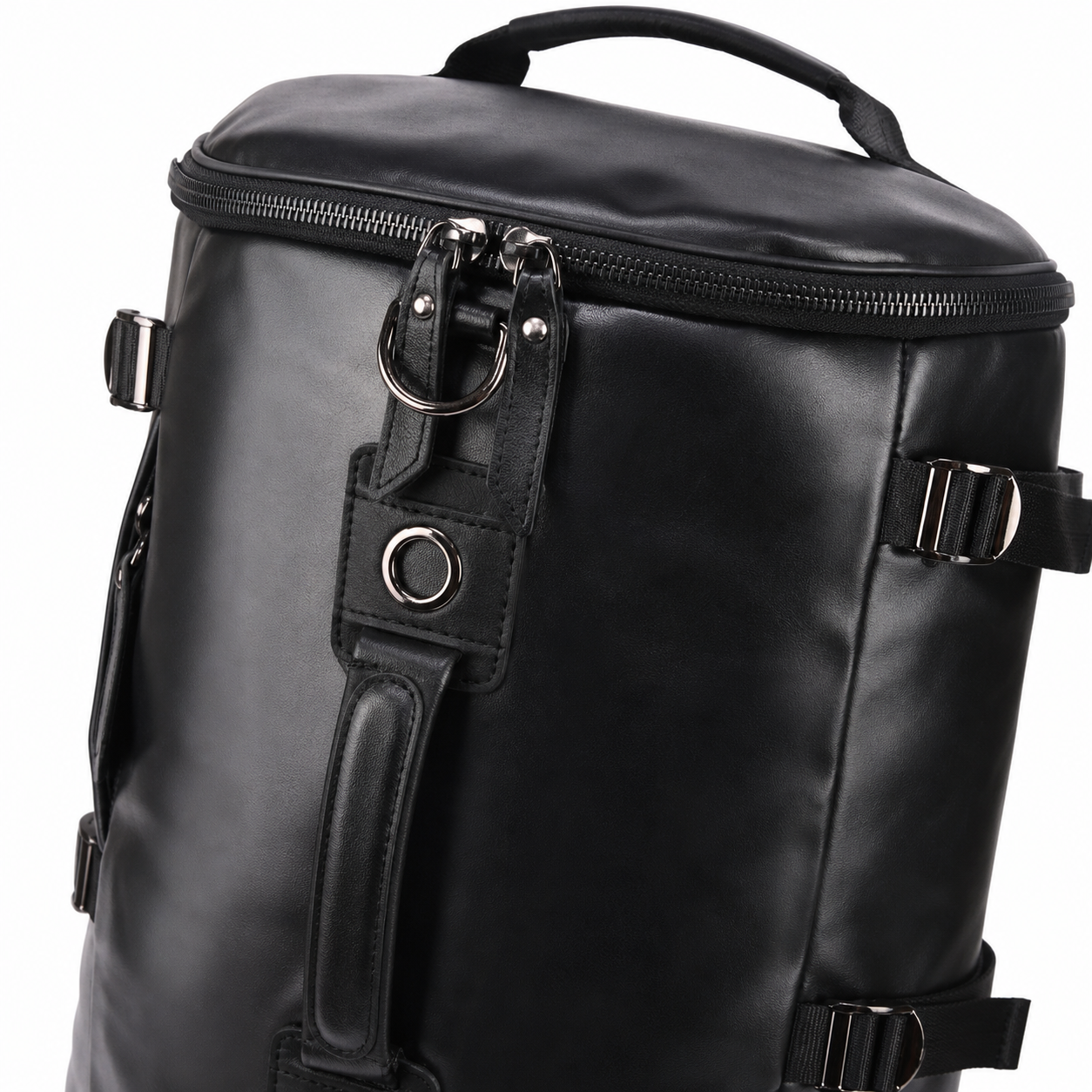 Black synthetic Leather Travel Backpack | Stylish Cylinder Duffel Bag for Men & Women