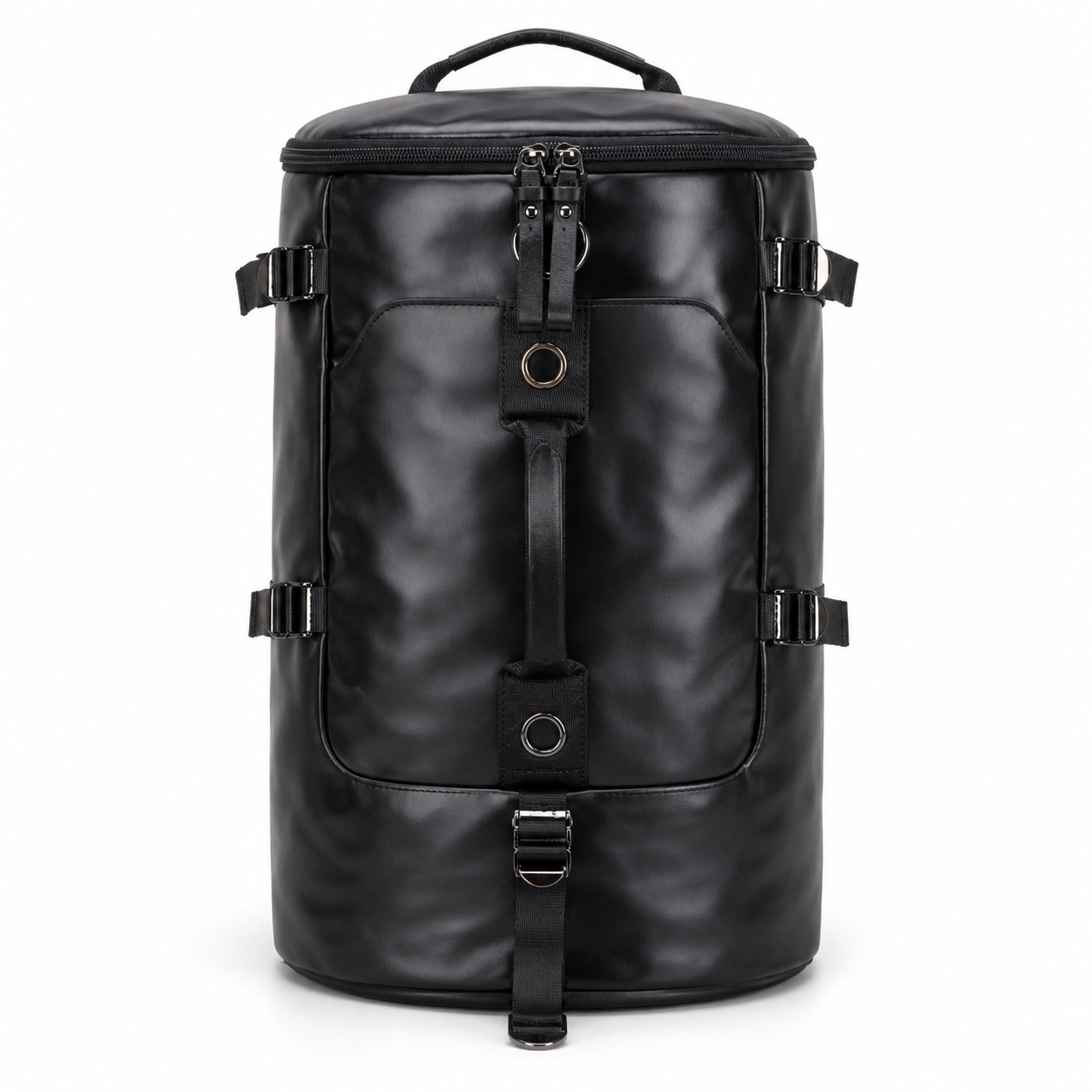 Black synthetic Leather Travel Backpack | Stylish Cylinder Duffel Bag for Men & Women