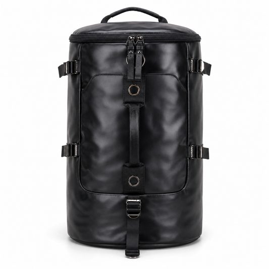 Black synthetic Leather Travel Backpack | Stylish Cylinder Duffel Bag for Men & Women