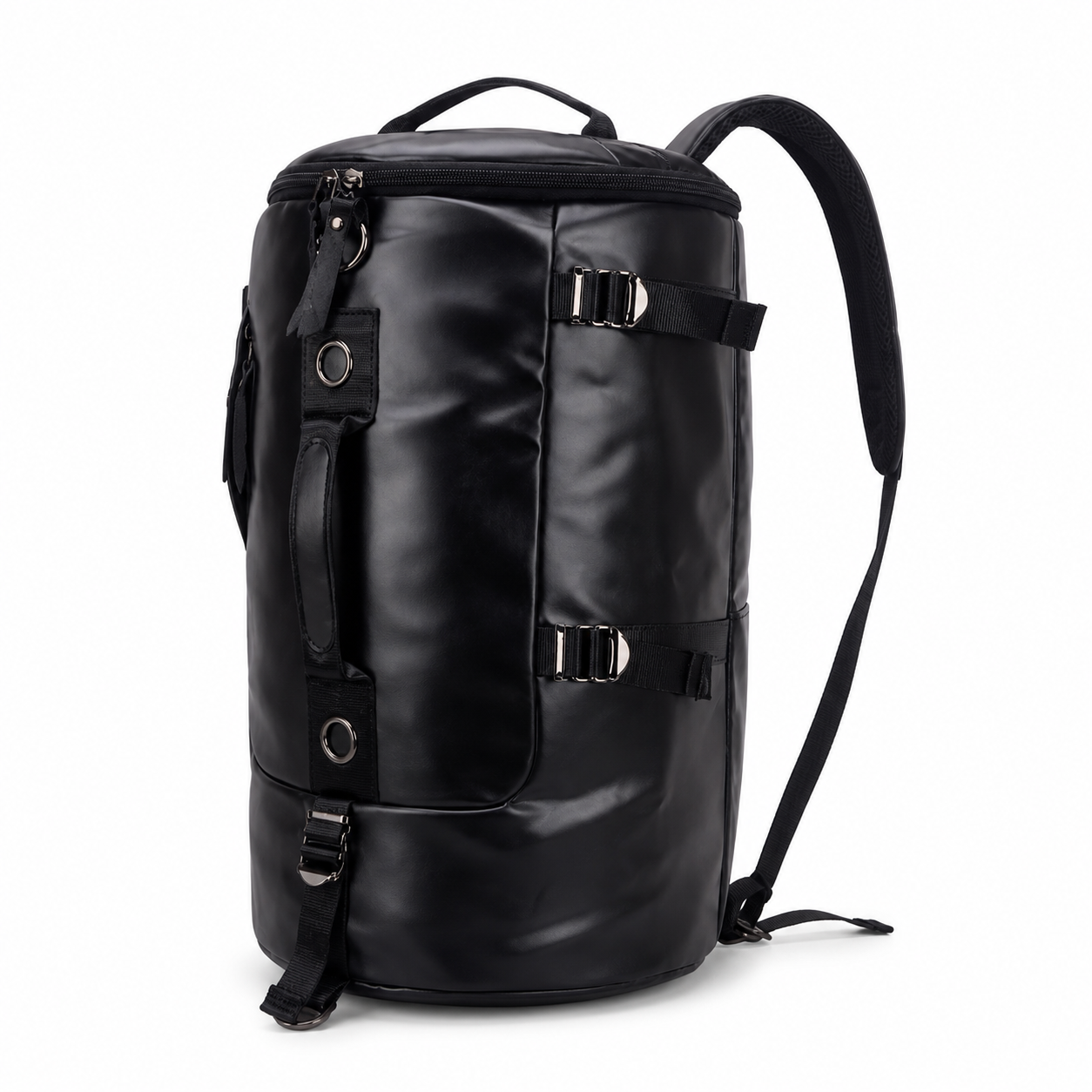 Black synthetic Leather Travel Backpack | Stylish Cylinder Duffel Bag for Men & Women