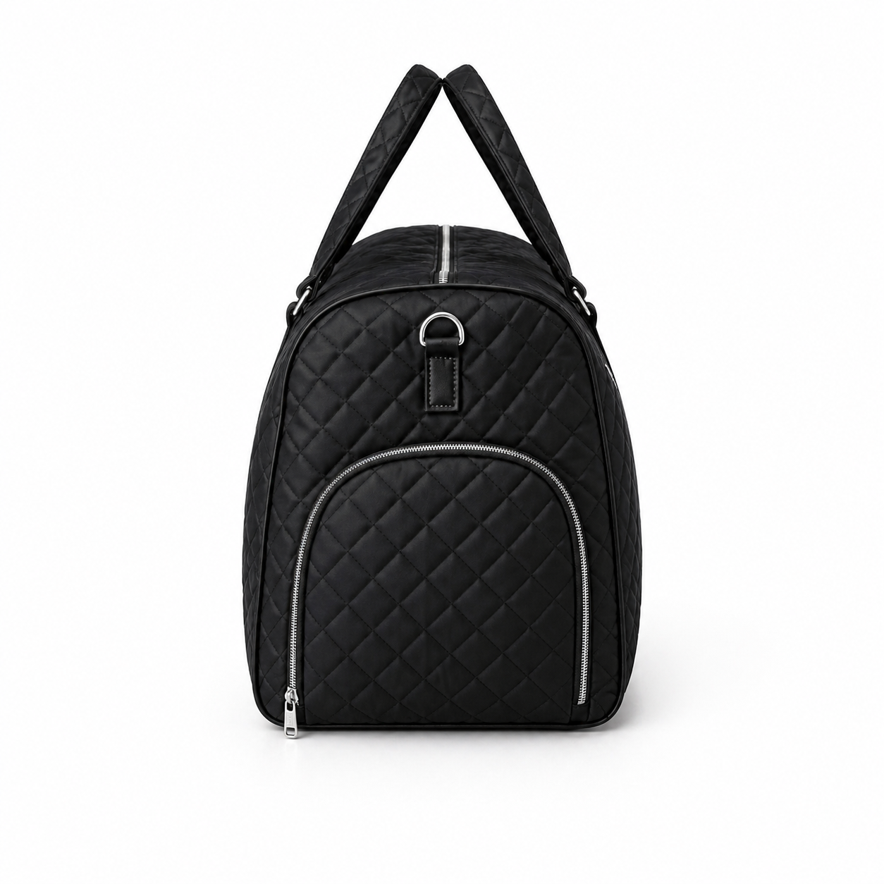 Black Quilted Duffel Bag for Women – Travel Weekender Bag with Top Handles, Zipper Pockets & Silver Hardware