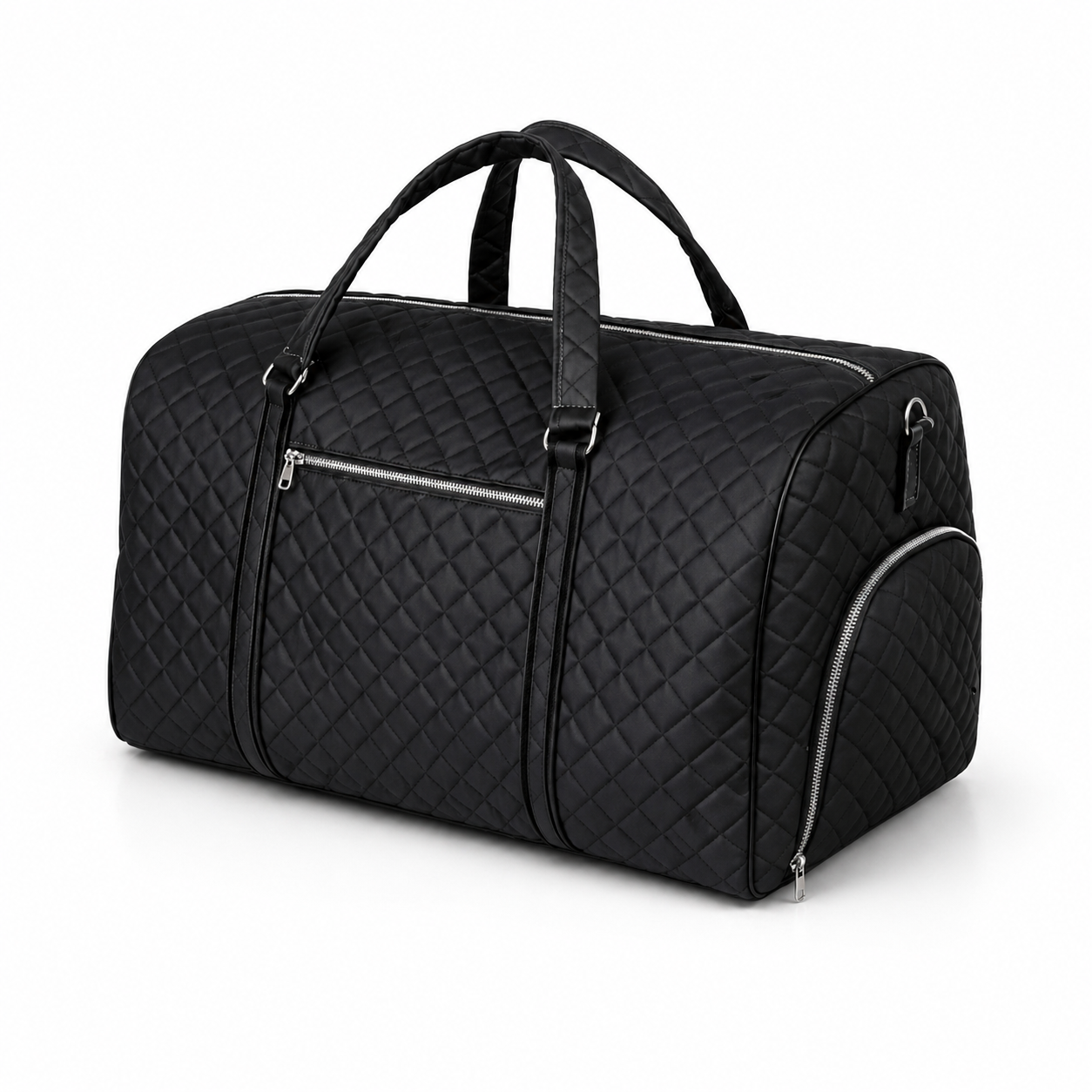 Black Quilted Duffel Bag for Women – Travel Weekender Bag with Top Handles, Zipper Pockets & Silver Hardware