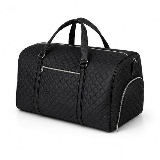 Black Quilted Duffel Bag for Women – Travel Weekender Bag with Top Handles, Zipper Pockets & Silver Hardware