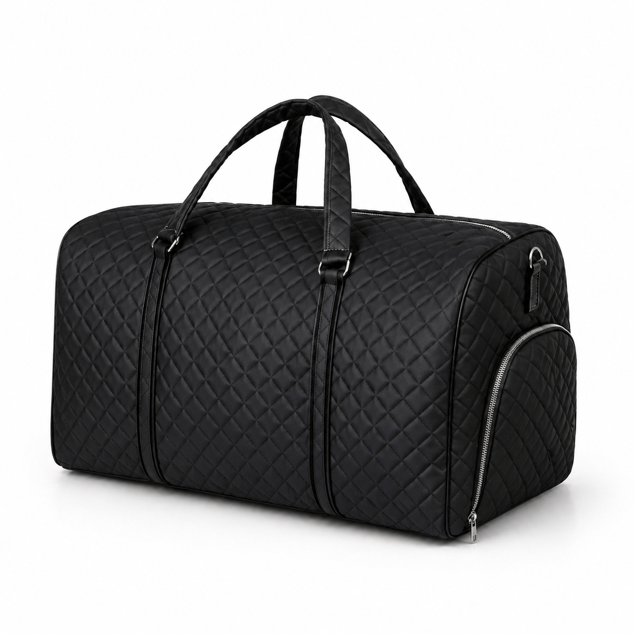Black Quilted Duffel Bag for Women – Travel Weekender Bag with Top Handles, Zipper Pockets & Silver Hardware