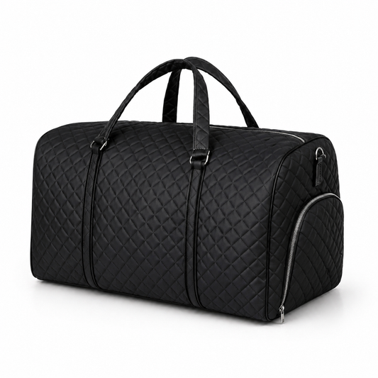 Black Quilted Duffel Bag for Women – Travel Weekender Bag with Top Handles, Zipper Pockets & Silver Hardware