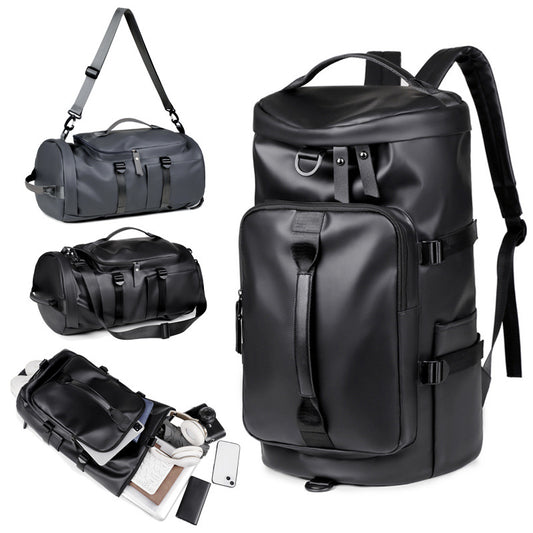 3-in-1 duffel backpack in black – worn as a backpack, back view on model in grey jacket