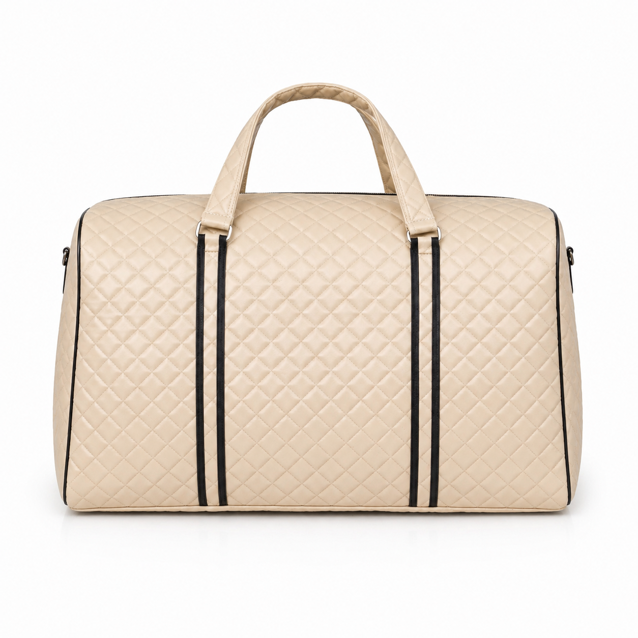 Cream Quilted Duffel Bag for Women – Beige Travel Weekender Bag with Top Handles, Zipper Pockets & Black Trim