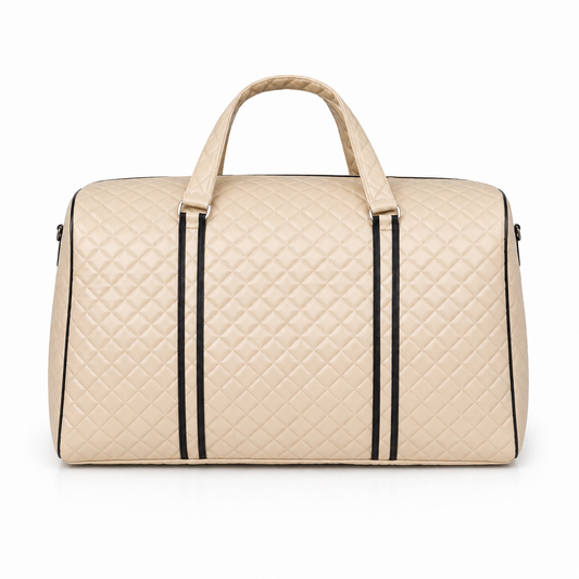 Cream Quilted Duffel Bag for Women – Beige Travel Weekender Bag with Top Handles, Zipper Pockets & Black Trim