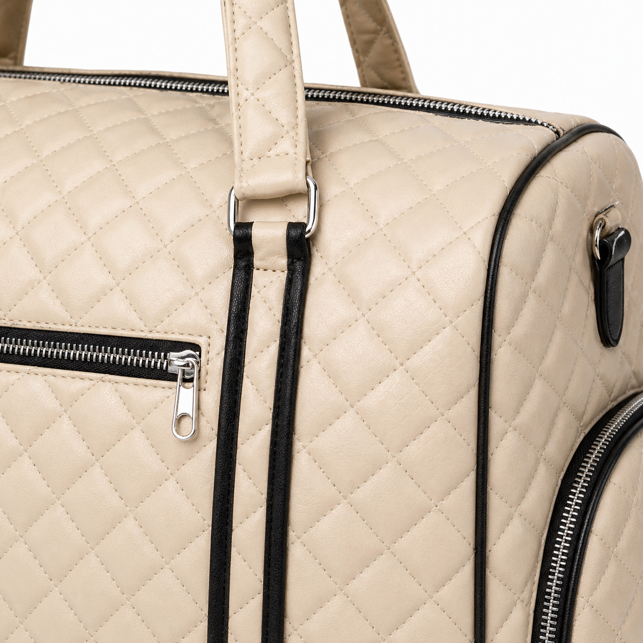 Cream Quilted Duffel Bag for Women – Beige Travel Weekender Bag with Top Handles, Zipper Pockets & Black Trim