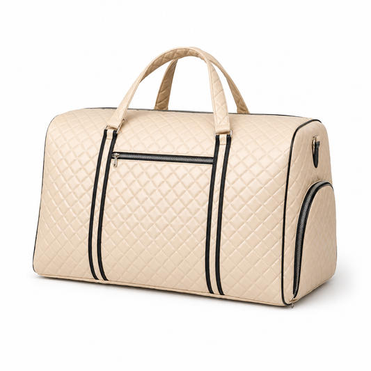 Cream Quilted Duffel Bag for Women – Beige Travel Weekender Bag with Top Handles, Zipper Pockets & Black Trim
