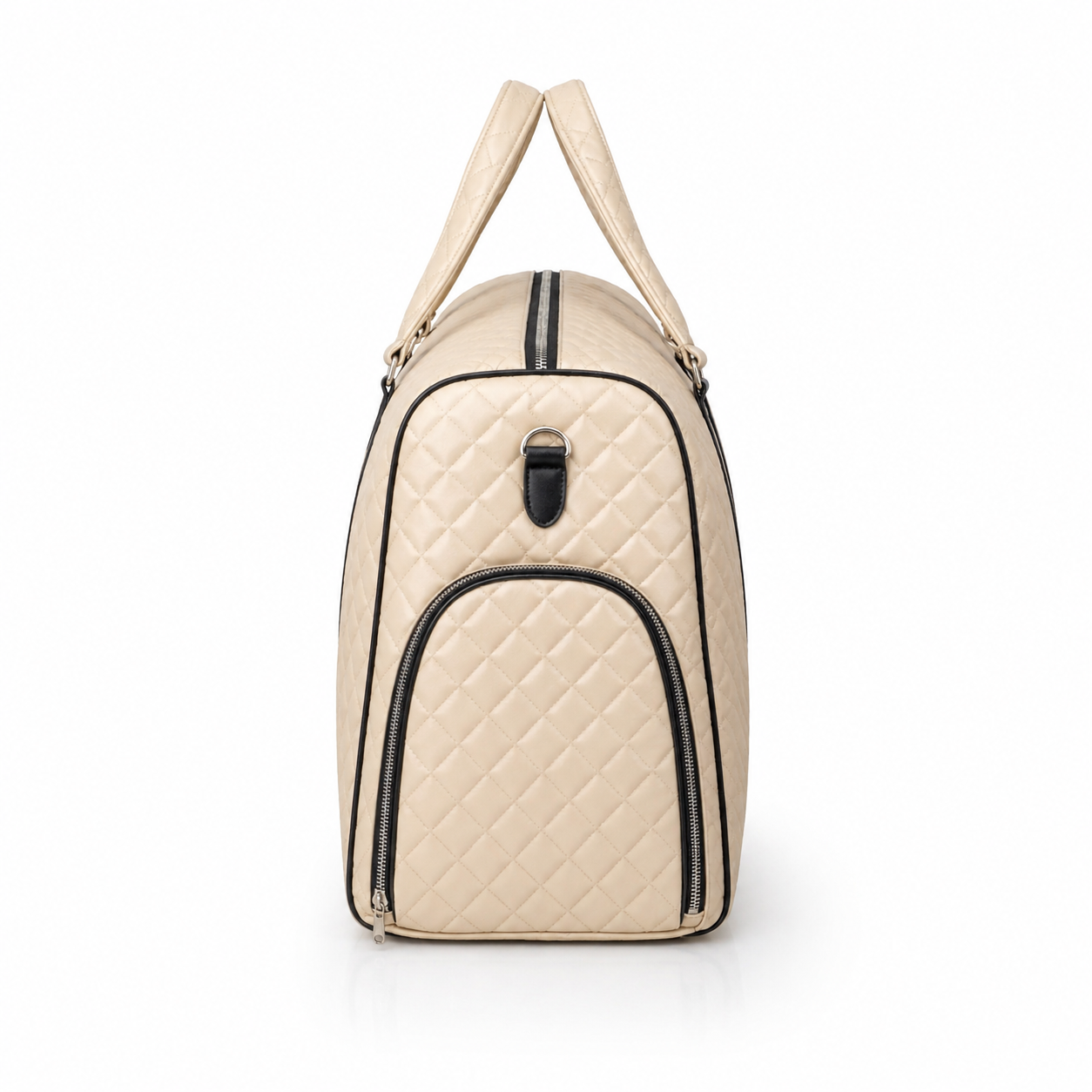 Cream Quilted Duffel Bag for Women – Beige Travel Weekender Bag with Top Handles, Zipper Pockets & Black Trim