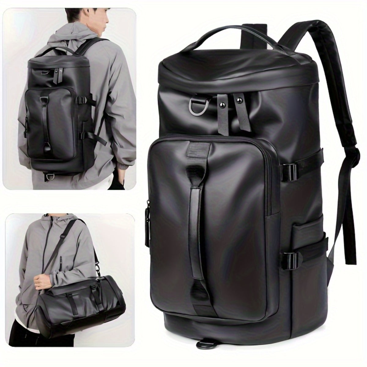 3-in-1 duffel backpack in black – worn on back with close-up handle detail